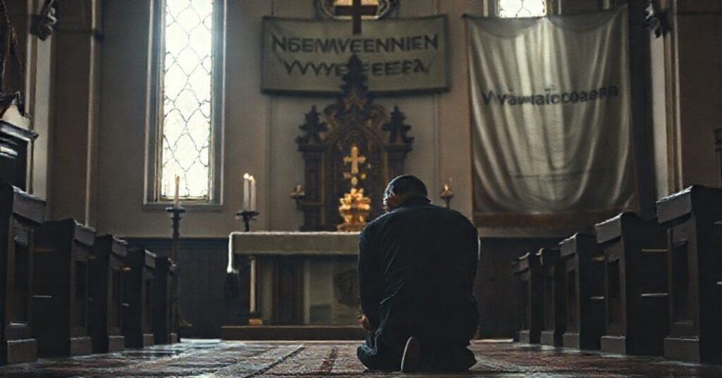 Pobożny katolik modli się przed Najświętszym Sakramentem w kościele tradycyjnego rytu.