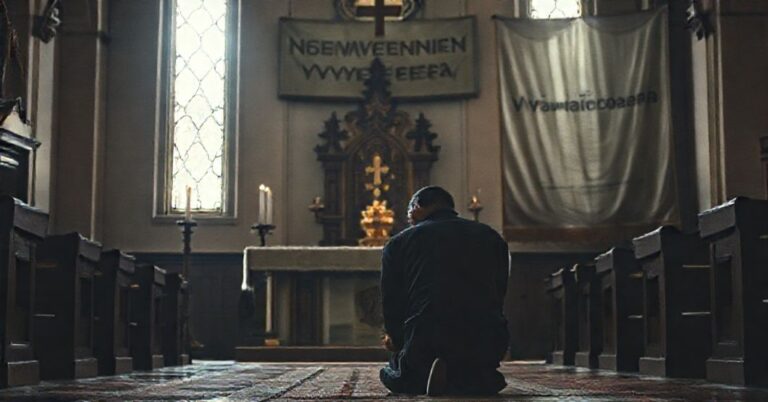 Pobożny katolik modli się przed Najświętszym Sakramentem w kościele tradycyjnego rytu.