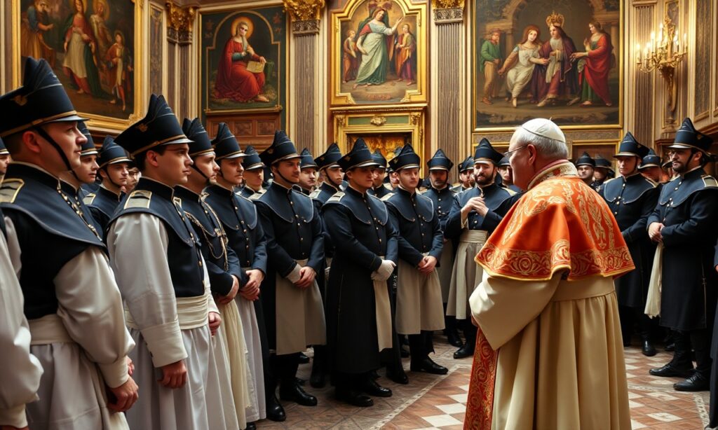 Nowi gwardziści Papieskiej Gwardii Szwajcarskiej słuchają przemówienia uzurpatora Leon XIV podczas audiencji w Watykanie.