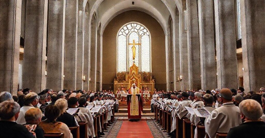 Nowi przywódcy w posoborowej parodii Akcji Katolickiej - ceremonia w neo-modernistycznym kościele z udziałem fałszywych duszpasterzy i wiernych.
