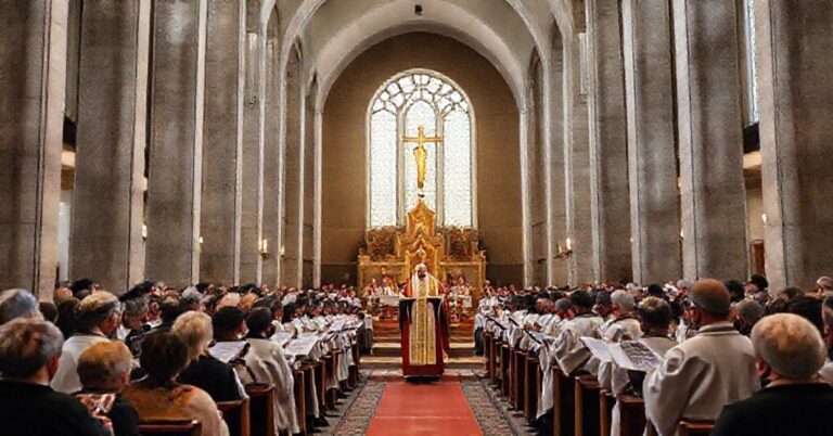 Nowi przywódcy w posoborowej parodii Akcji Katolickiej - ceremonia w neo-modernistycznym kościele z udziałem fałszywych duszpasterzy i wiernych.