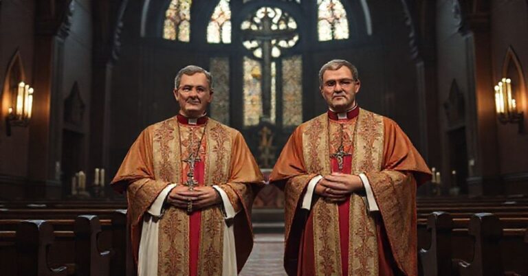 Dwaj nowi przywódcy neo-kościoła stoją w kaplicy nowego porządku, symbolizując upadek wiary i herezje modernizmu