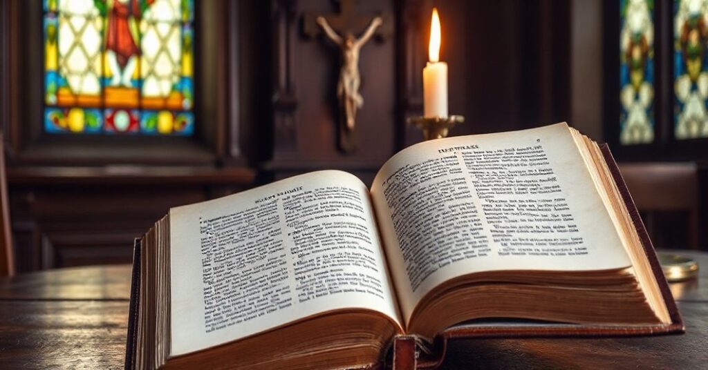 Stary, skórzany egzemplarz prac Newmana otwarty na biurku z krzyżem i zapaloną lampką ołtarzową w tle, symbolizujący niebezpieczne wpływy modernistycznej teologii.