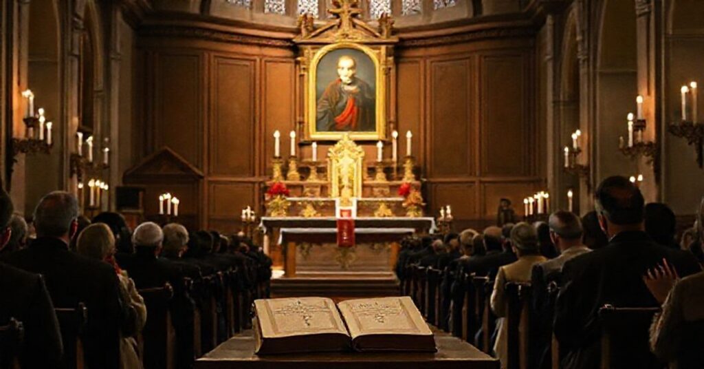 Wnętrze tradycyjnego kościoła katolickiego z ołtarzem, na którym widnieje portret św. Filipa Nery i odrzucona książka z napisem 'Nowoczesizm Newmana'. Wierni w tradycyjnych strojach modlą się w ciszy przed ołtarzem.