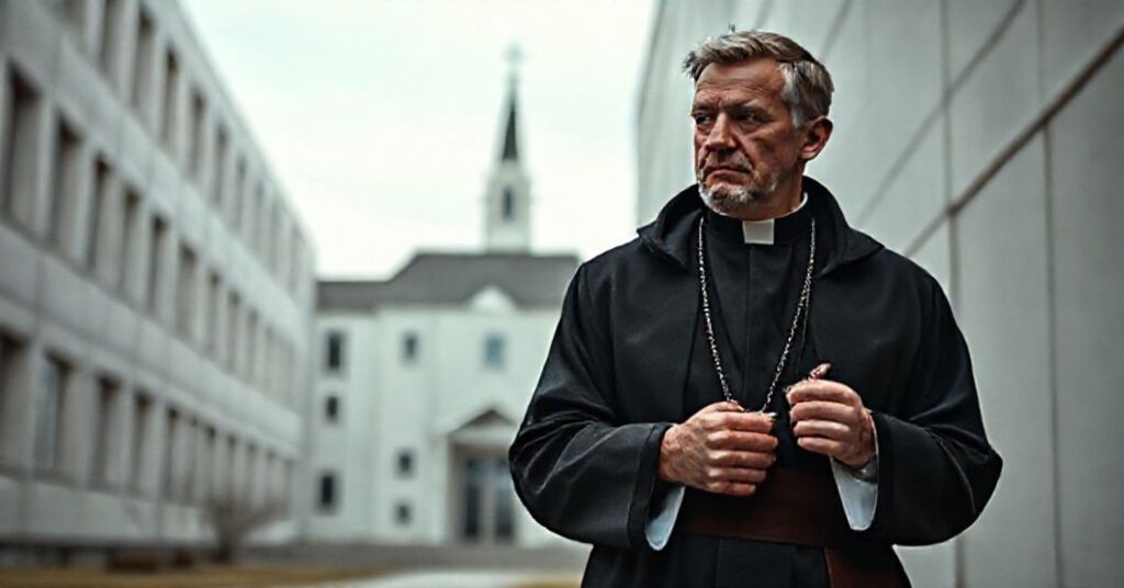 Mężczyzna w tradycyjnym stroju katolickim stojący przed nowoczesnym budynkiem bez symboli religijnych.