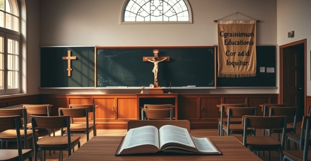 Urocza klasa szkolna z krzyżem w tle, tablicą pisem 'Gravissimum Educationis', nowoczesnymi tabletami na biurku i modlitewnikiem na ławce. Stylizacja tradycyjna z elementami nowoczesności.