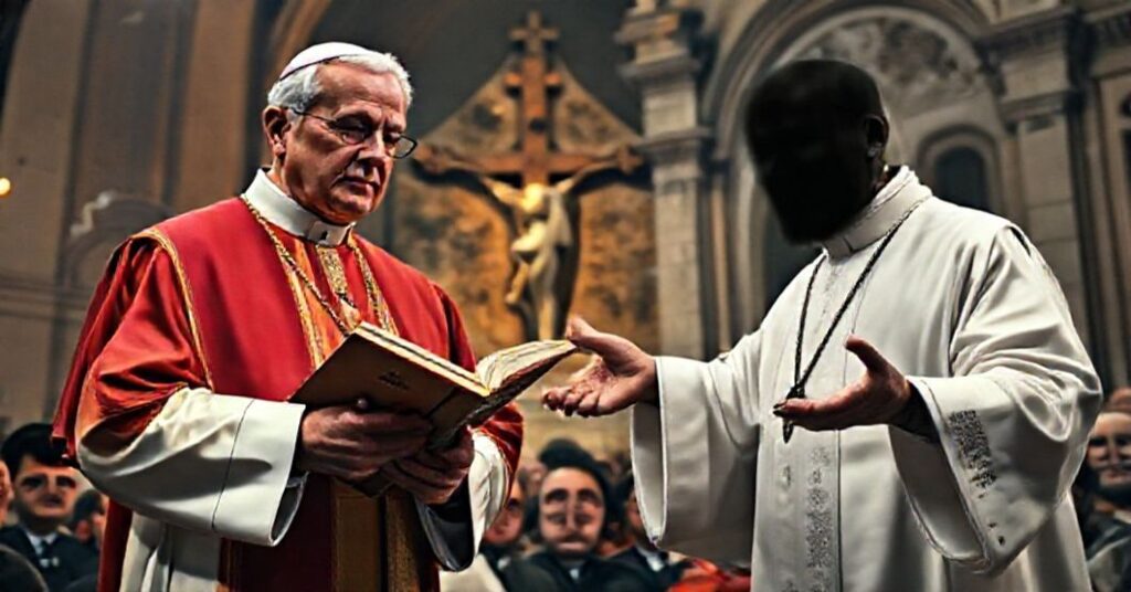 Biskup w tradycyjnych szatach kościelnych stojący przed zgromadzeniem z zamkniętą książką 'Dignitatis humanae', z cieniem modernistycznego kleryka w tle i rozbitym krzyżem