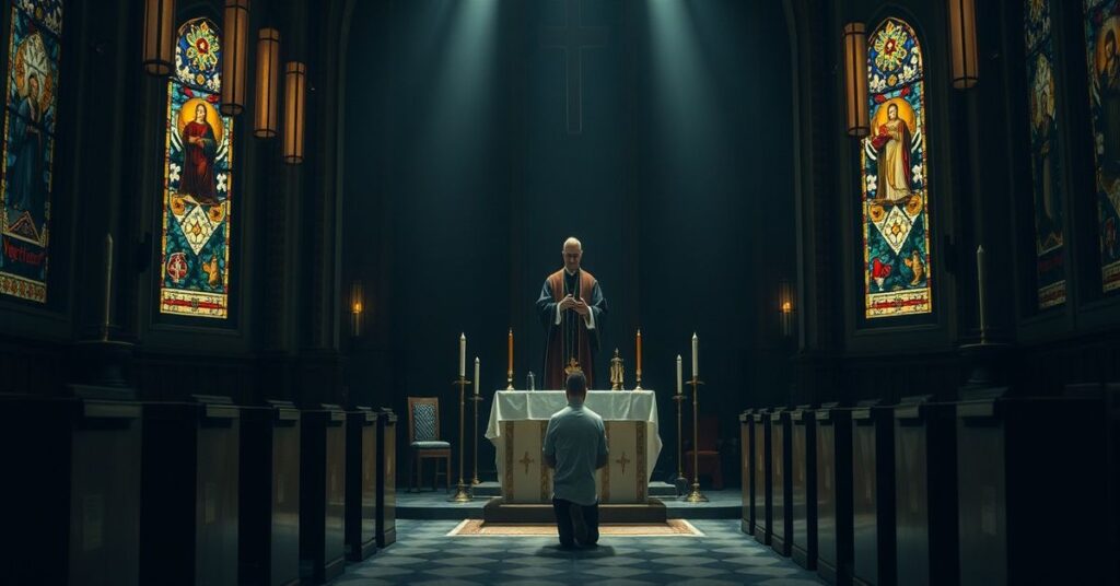 Młody mężczyzna modli się w nowoczesnej katedrze w Sydney podczas ceremonii Novus Ordo.