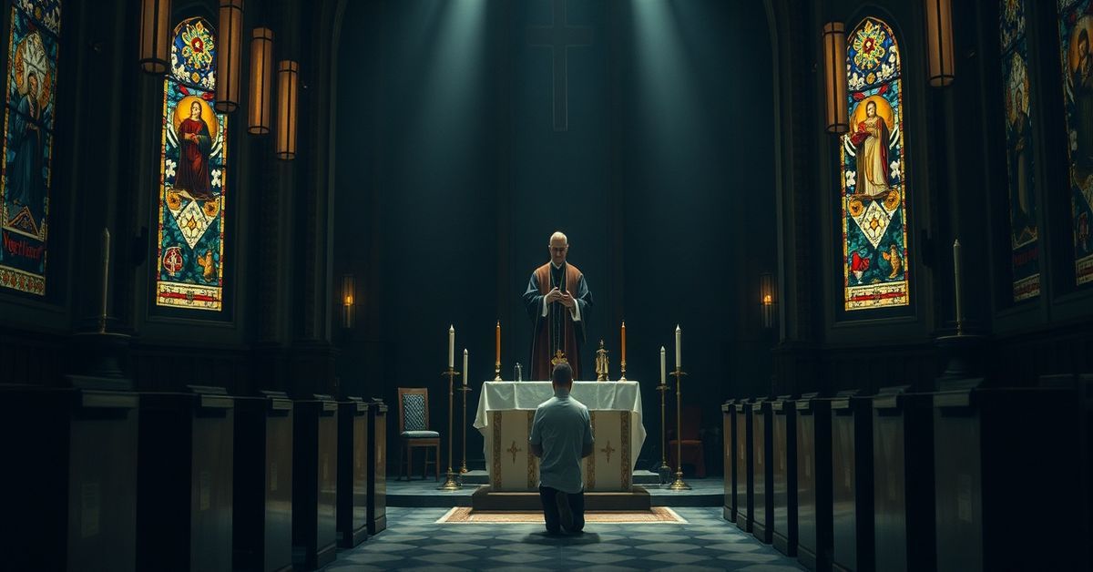 Młody mężczyzna modli się w nowoczesnej katedrze w Sydney podczas ceremonii Novus Ordo.