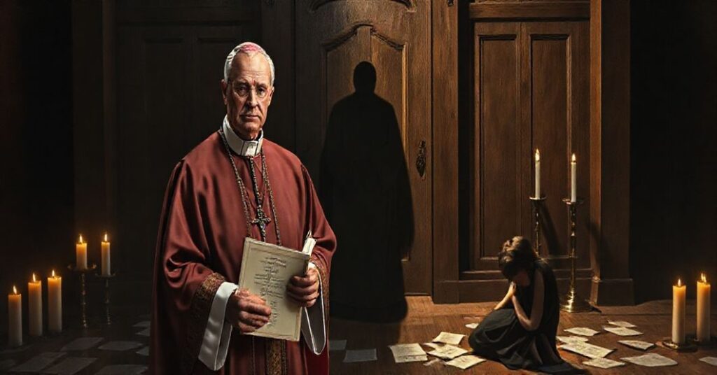 Sobór katolicka tradycyjna hierarchia w pełnej liturgicznej szacie stoi przed ciemnym drewnianym konfesjonałem, wyrażając smutek i poważność. Na tle widać cień upadłego kapłana prowadzonego przez świeckie władze oraz pokutującego wiernego. Scena oświetlona jest delikatnym blaskiem lampki przedobrazkowej.