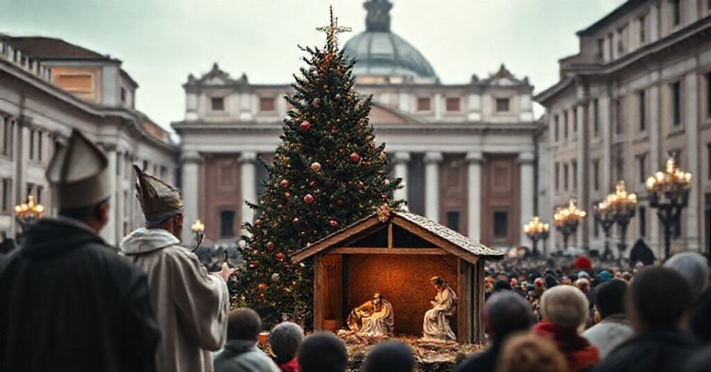 Tradycyjna szopka bożonarodzeniowa na Placu św. Piotra z nowoczesnymi elementami 3D