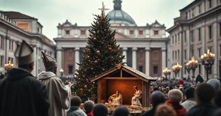 Tradycyjna szopka bożonarodzeniowa na Placu św. Piotra z nowoczesnymi elementami 3D