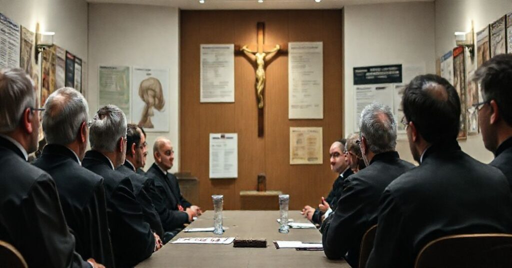 Ciemny widok sali konferencyjnej z grupą osób w cywilnych ubraniach prowadzących warsztaty na temat charakterystyki pokoleń Z i Alfa. W tle słabo widoczny krzyż katolicki przykryty sekularnymi plakatami.