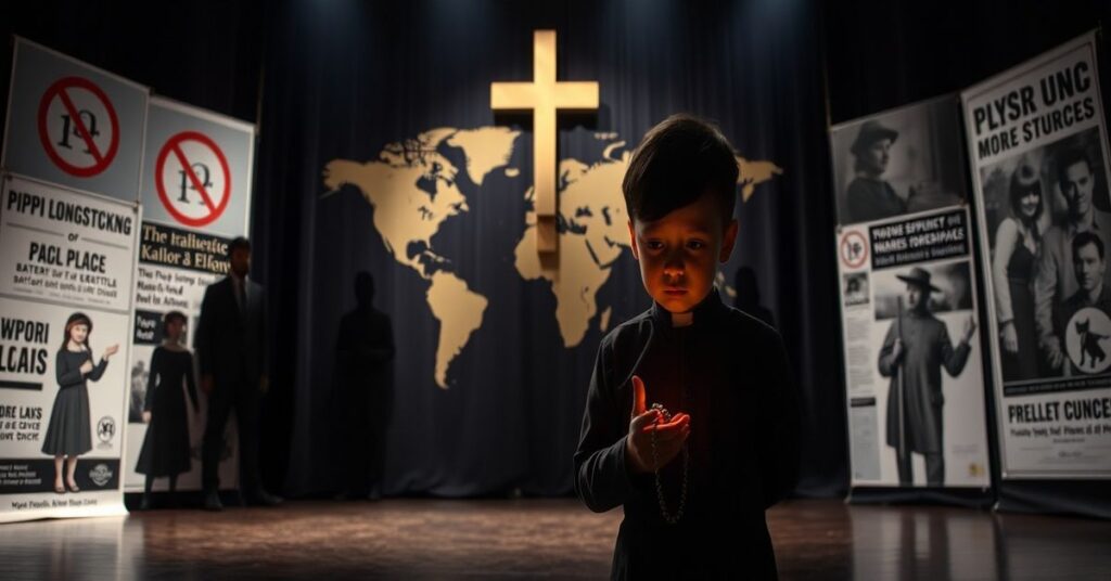 Dziecko trzymające różaniec stojące przed sceną teatralną w Nowohuckim Centrum Kultury, otoczone sekularnymi postaciami.