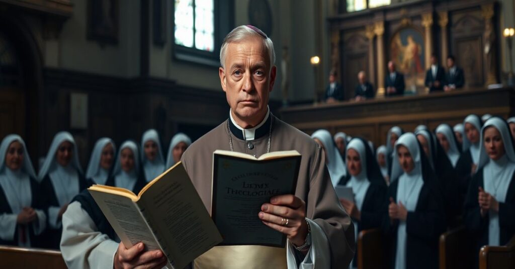 Kapłan w tradycyjnych szatach liturgicznych trzyma Summę Teologiczną w koście, z grupy sióstr zakonnych w tle modlących się w obliczu sądowego procesu o religijną wolność