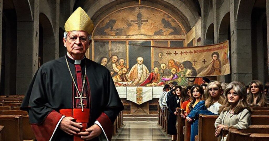 Scena przedstawiająca nowoczesną archidiecezję nowojorską w stanie apostazji, z modernistycznymi elementami i brakiem tradycji katolickiej.