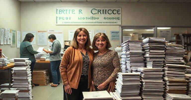 Obraz przedstawiający zakład pomocy First Choice Women's Resource Center w New Jersey pod presją rządową. Dyrektor Aimee Huber i Odalys Banks stoją przed budynkiem, otoczone dokumentami prawnymi. Na obrazie widoczne są wolontariusze pomagający kobietom w ciąży.