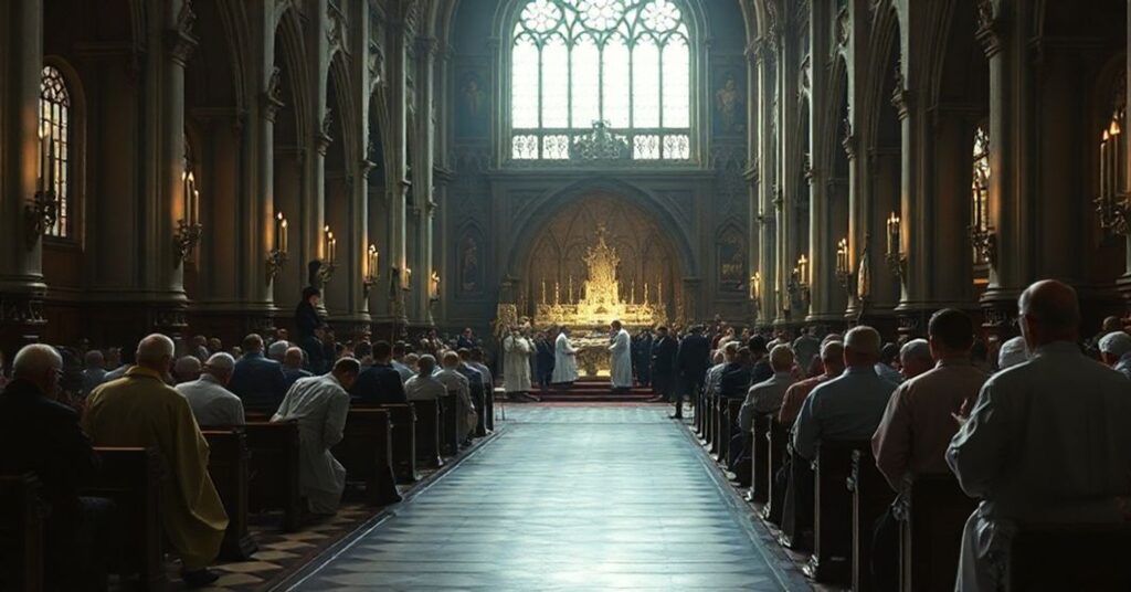 Ciemna wnętrza katedry z pojedynczymi osobami modlącymi się w kontrastcie z jasno oświetloną nowoczesną kaplicą na tle.