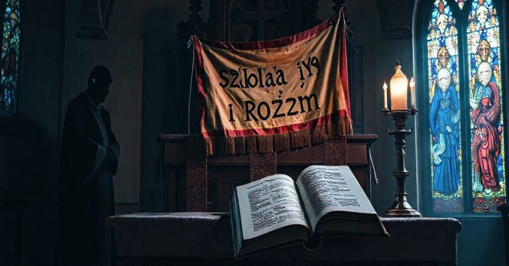 Solemne przedstawienie tradycyjnego ołtarza katolickiego z uszkodaną nowoczesną flagą 'Szkoła Wiary i Rozumu' wiszącą na nim. W tle widoczne są witraże przedstawiające przedwatykańskie święte.