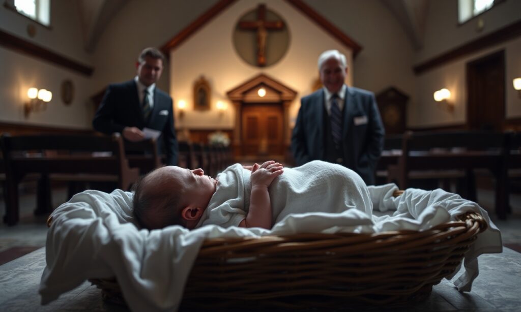 Noworodek w bezpiecznym miejscu w Kolorado z tłem tradycyjnego kościoła katolickiego