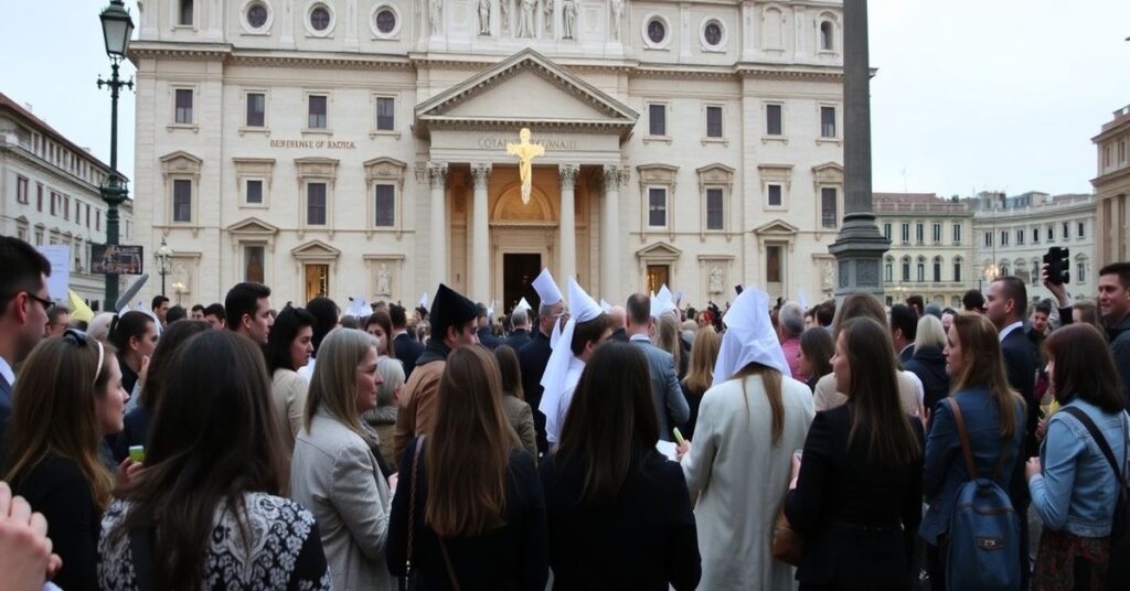 Grupa osób uczestniczących w wydarzeniu Ruchu Świadectwo-Pielgrzymka w Rzymie przed studiem Radia Watykańskiego.
