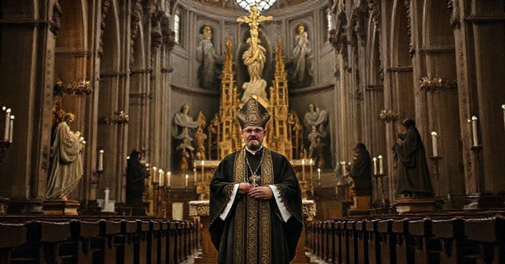 Wnętrze katedry w Krakowie z nowym „arcybiskupem” Grzegorzem Rysiem na tle modernistycznych zmian w liturgii.