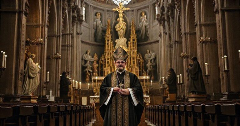 Wnętrze katedry w Krakowie z nowym „arcybiskupem” Grzegorzem Rysiem na tle modernistycznych zmian w liturgii.