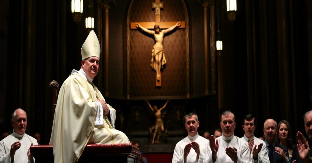 Wnętrze katedry św. Ludwika w Nowym Orleansie podczas nabożeństwa w Środy Popielcową. Nowy „arcybiskup” James Checchio na tronie biskupim w białym ornaty i mitrze.
