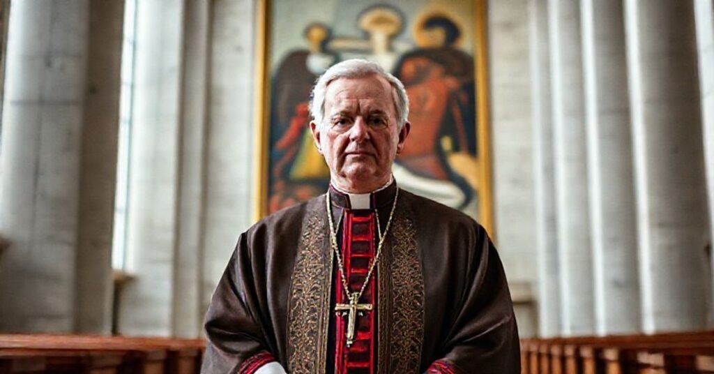 Portret Ronald Hicksa, fałszywego „arcybiskupa” Nowego Jorku, w nowoczesnej katedrze symbolizującej apostazję w Kościele.