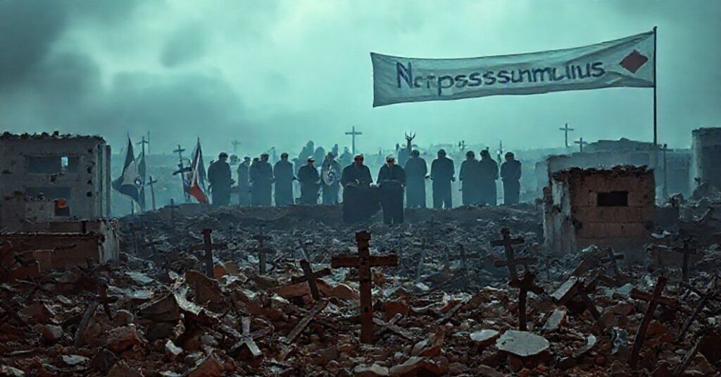 Zniszczone budynki w Gazie z krzyżami i politycy podpisująca umowę pokojową w cieniu antychrześcijańskich sił