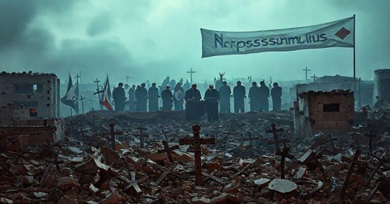 Zniszczone budynki w Gazie z krzyżami i politycy podpisująca umowę pokojową w cieniu antychrześcijańskich sił