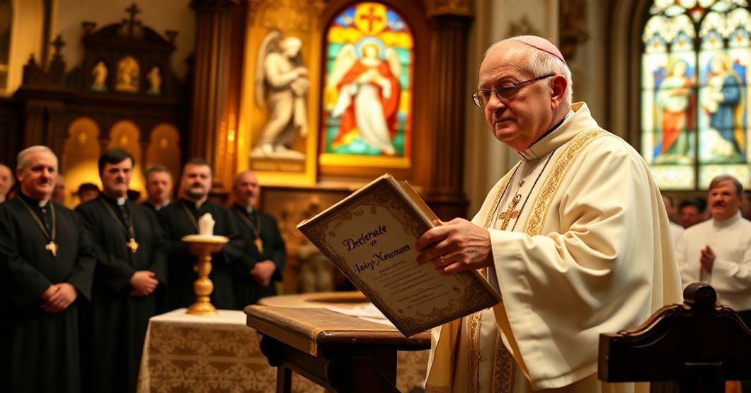 Solemne katolickie uroczystość w tradycyjnym kościele z biskupem w białych szatach prezentującym doktorat Johnowi Henry'emu Newmanowi.