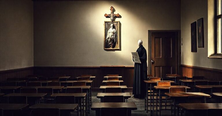 Sala szkolna z pustymi ławkami i krzyżem na ścianie symbolizująca zniszczenie katolickiej edukacji przez neo-kościół.