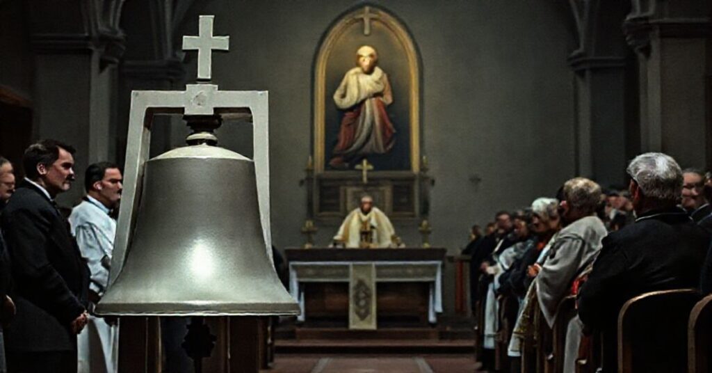 Scena nieprawdziwego poświęcenia nowego dzwonu w Czerminie z udziałem Damiana Bryla i parafian.