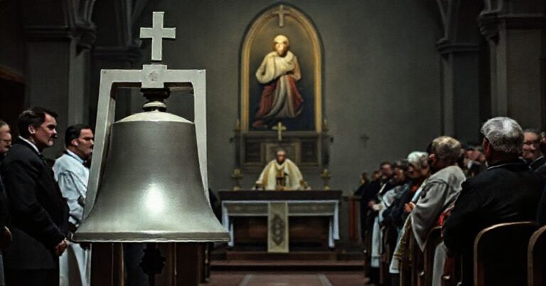 Scena nieprawdziwego poświęcenia nowego dzwonu w Czerminie z udziałem Damiana Bryla i parafian.
