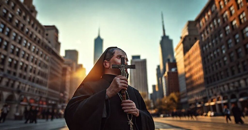 Tradycyjny katolicki kapłan sedevacantysta stoi w historycznym placu Nowego Jorku, trzymając krzyż i patrząc z głębokim smutkiem na panoramę miasta.