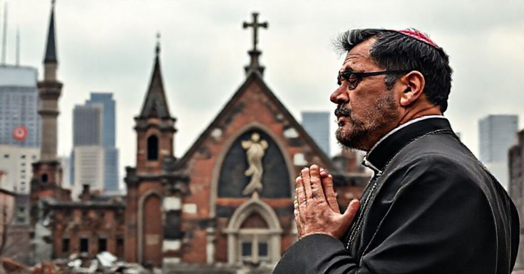 Kobieta w tradycyjnym stroju katolickim modli się w ruinach kościoła w Nowym Jorku na tle minaretów i symboli komunistycznych