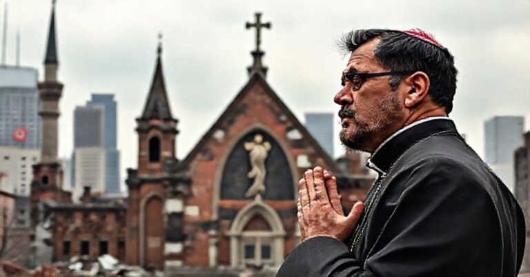 Kobieta w tradycyjnym stroju katolickim modli się w ruinach kościoła w Nowym Jorku na tle minaretów i symboli komunistycznych