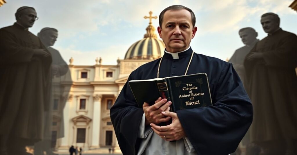 Kleryk w czarnej sutannie i białej ornatce stoi przed Bazyliką Świętego Piotra ze starannie zapisanym imieniem Andrea Roberto Ciucci na Biblii. W tle widnieją cienie Papieży Świętego Piusa X i Piusa XI.