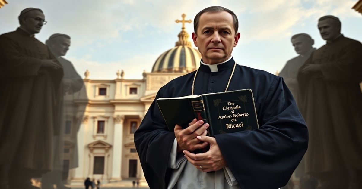 Kleryk w czarnej sutannie i białej ornatce stoi przed Bazyliką Świętego Piotra ze starannie zapisanym imieniem Andrea Roberto Ciucci na Biblii. W tle widnieją cienie Papieży Świętego Piusa X i Piusa XI.