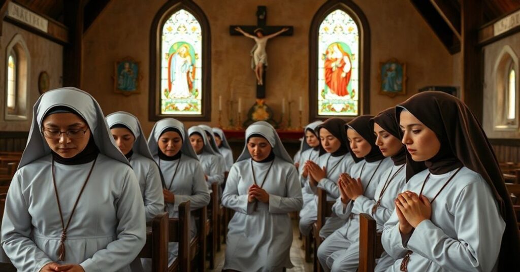 Grupa tradycyjnych karmelitanek w białych habitach z brązowymi skapulirami modli się w nowym kaplicy w Fort Worth
