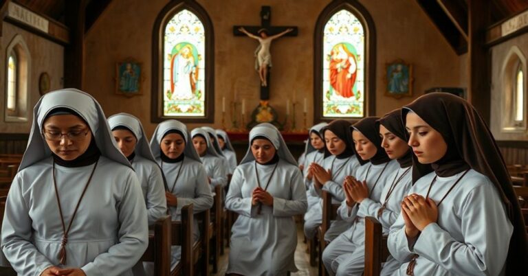 Grupa tradycyjnych karmelitanek w białych habitach z brązowymi skapulirami modli się w nowym kaplicy w Fort Worth