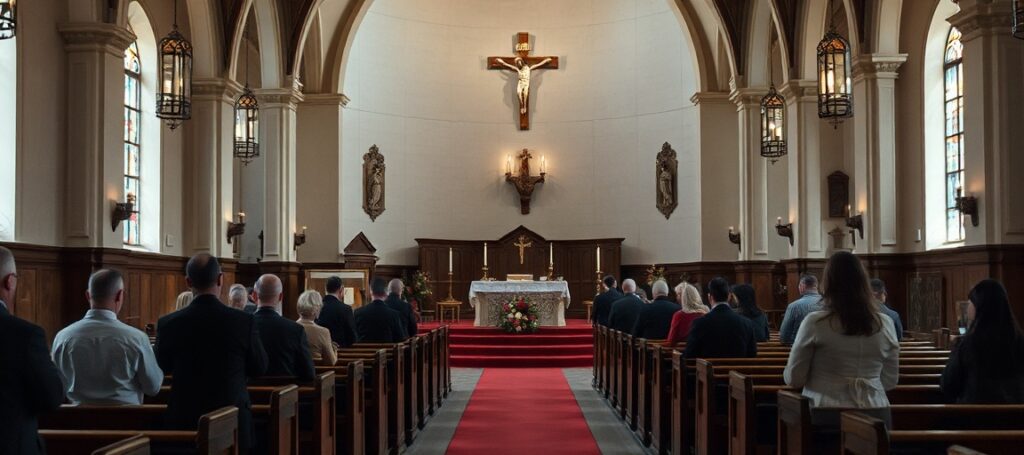 Wnętrze nowego kościoła w Brampton z ołtarzem i krzyżem, kilka wiernych w tradycyjnych strojach katolickich modli się w ciszy. Architektura nawiązuje do stylu romańskiego.