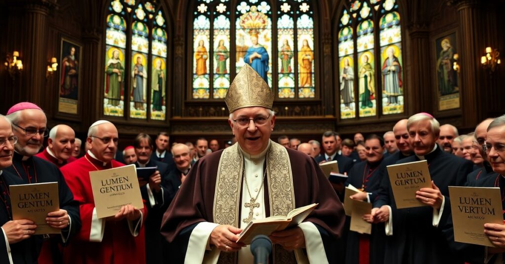 Arcybiskup Gabriele Caccia przemawia przed Konferencją Biskupów Ameryki (USCCB), otoczony biskupami trzymającymi księgi Lumen Gentium i Dei Verbum w tradycyjnym kościele katolickim.