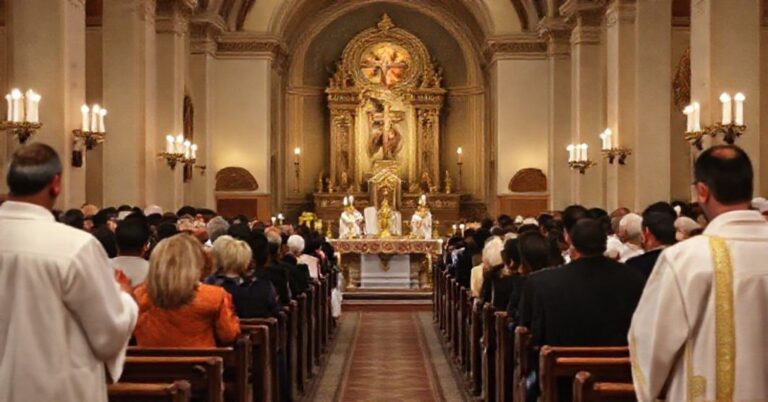 Tradycyjna Msza Święta w kościele katolickim z grupą modlących się imigrantów.