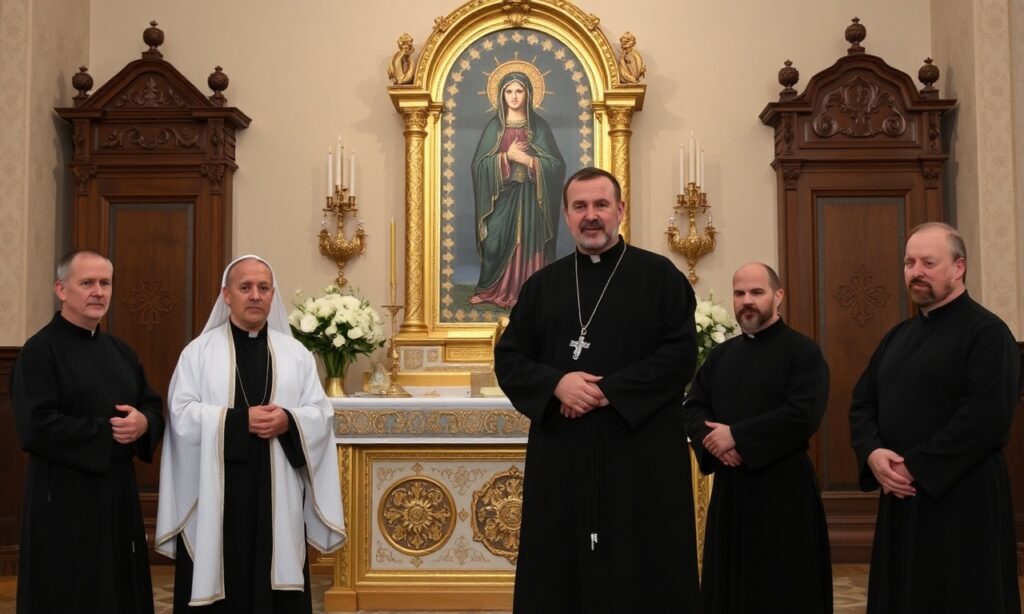 Ojciec Grzegorz Prus jako nowy przeor Jasnej Góry z zakonnikami w tradycyjnym otoczeniu katolickim