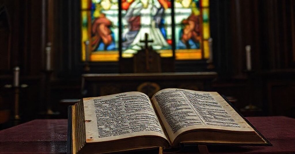 Ołtarz katolicki z zamkniętym tabernakulum i brewiarzem na stole. Tło przedstawia obraz Chrystusa Króla i zblurowaną gazetę o dialogu i refleksji.