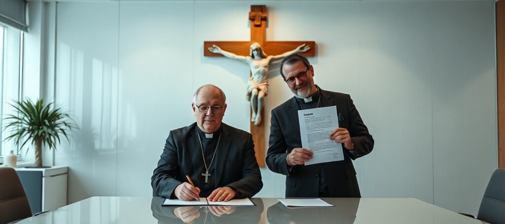 Zdjęcie przedstawiające fałszywego 'arcybiskupa' Andrzeja Przybylskiego i nowo mianowanego 'rzecznika prasowego' Rafała Skitka w nowoczesnym biurze.