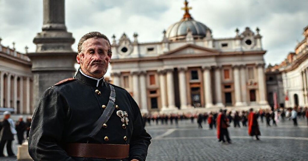 Nowy rzecznik Gwardii Szwajcarskiej w tradycyjnym mundurze na tle Watykanu