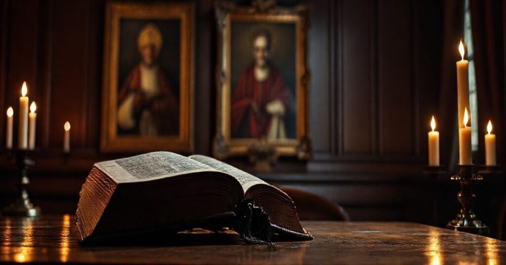 Ciemna scena z zamkniętą książką na drewnianym stole, symbolizująca odrzucenie przez nowy statut KEP tradycyjnych nauk Kościoła. Na tle rozmyty portret św. Piusa X.